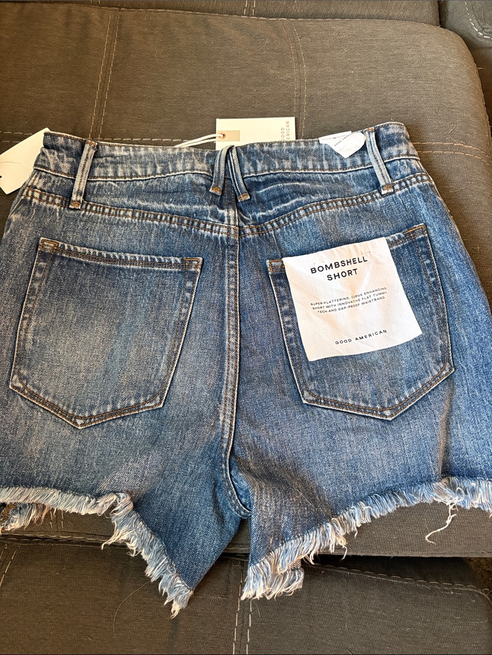 Good American Distressed High-Rise Ripped Denim Shorts - Blue Bombshell Short - Picture 5 of 9